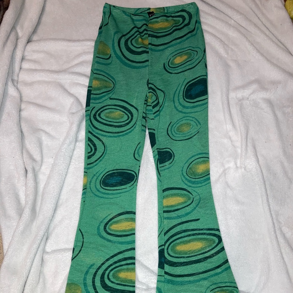 green printed flare pants